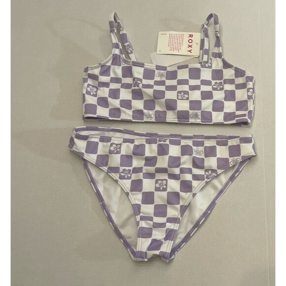 Roxy Girls Purple Rose Checkerboard Magical Waves Bikini Size 16 New With Tags - Picture 4 of 6